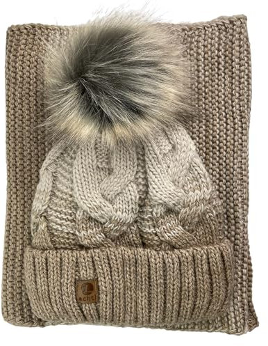 kennydoo Mütze & Schal Set achti I 2 teilig I Damen Kombi - Beanie mit großem Bommel und Loop I kuschelig gestrickt (taupe/wollweiß)