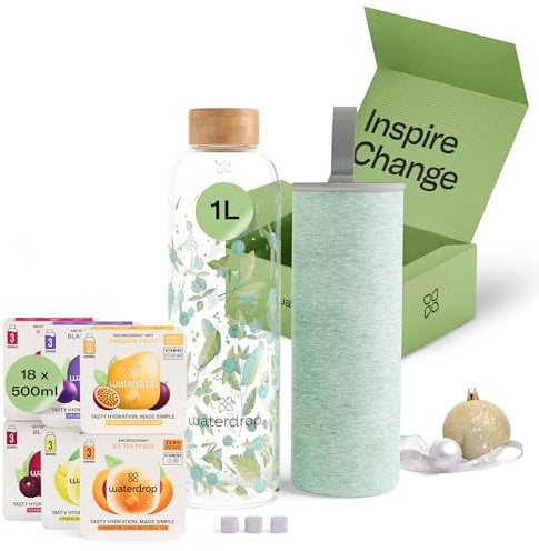 waterdrop® Coffret Dégustation Verre - Bouteille en Verre 1L + 18 Cubes à Boire en 6 Saveurs, Boisson en Cube avec Vitamine C & Vitamine B, Sans Sucre, Gourde d'Eau, Coffret Cadeau Femme & Homme