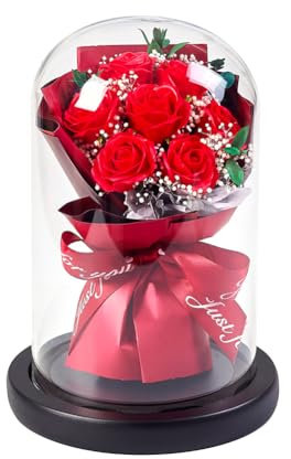 BIOSA Sunflower Rose in Glass Cover with Lights Rose Sunflower Preserved Eternal Rose in Glass Dome Carnation Tulip Eternals Flower Bouquet in Glass Cover for Valentines Day Mothers Day Wedd