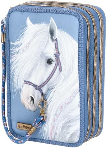 Depesche 12871 Miss Melody Denim - Gefüllte 3-Fach Federtasche mit Pferde Motiv, dunkelblaue Federmappe mit Buntstiften, Lineal, Schere UVM.