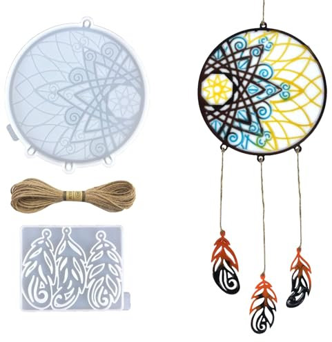 Uposao Traumfänger Gießform Silikonform Epoxidharz Dreamcatcher Silikonformen DIY Feder Anhänger Silikonform mit Hanfseil für Bastelarbeiten Zuhause, Schlafzimmer, hängende Verzierung