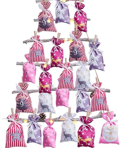 Adventskalender zum Befüllen (12x20cm), 24 Stoffbeutel Kette zum selber Basteln und Aufhängen, 2025 Weihnachtskalender zum selberfüllen mit Rot Stoff Säckchen für Kinder (Rot)