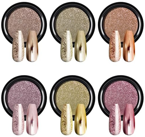 6 Colors Rose Gold Chrome Nail Powder Kit BISHENGYF - Pink Chrome Nail Powder, Mirror Effect Metalic Copper Nail Chrome Powders, Silver Nail Powder Pigments for Nail Art Glitter Decoration