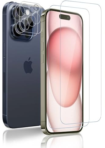 Carantee Schutzfolie für Panzerglas für iPhone 15 Pro Schutzglas, 2 Stück Panzerfolie und 2 Stück Kameraschutz, Fingerabdruck 9H Kratzfest Folie für Apple iPhone 15 Pro, HD Blasenfrei Displayschutz