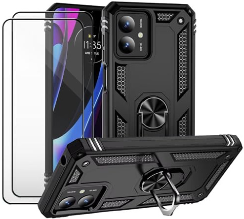 CLYDITE Hülle für Motorola Moto G14 Schwarz handyHülle mit Schutzglas Panzerfolie (2er) 360 Grad RingHalter Ständer Armor Silikon Schutzhülle Cover Case