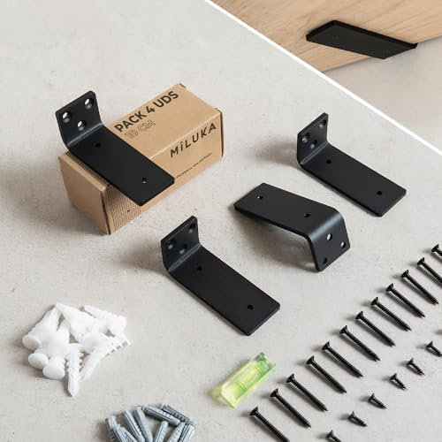 MILUKA Pack de 4 Équerres pour Étagère 10 cm | Équerres métalliques en L pour tablettes murales | Acier résistant, 60 kg | Design industriel noir, fixation invisible et installation facile