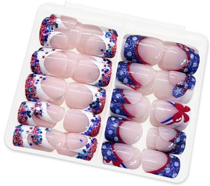 48 Pcs French Tip Stick On Nails 4th Of July Artificial Nails Short False Nails Glittering Press On Nails For Woman Girls