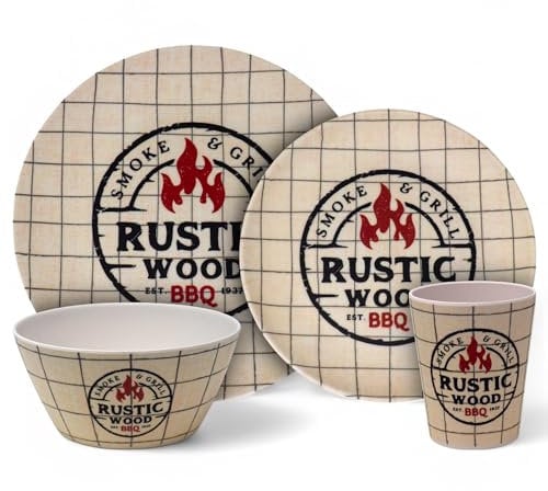 BBQ Barbecue 16pc Melamine Dinner Set - Plates Bowls Tumblers - Rustic Wood