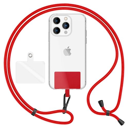 NALIA HoldMe Air Universal-Kette mit Pad, Band für Handy-Hülle zum Umhängen, Karabinerhaken aus Metall (schwarz), Schlüsselband Umhängeband 160 CM, Crossbody Lanyard mit Schlaufe, Farbe:Rot
