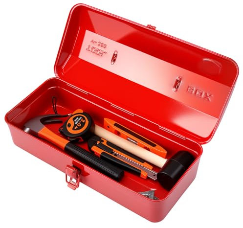 Large Metal Tool Storage Box with Handle for Home, Garage & Workshop, 37×16×12cm Portable Tool Case with Lid Locking Professional Storage Cabinet for Wrenches, Screwdrivers, Small Parts(Red)