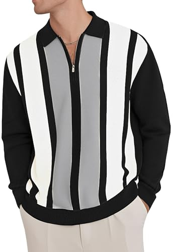 CTU Mens Polo Shirts Quarter Zip Jumper Knitted Sweater Long Sleeve Vintage Striped Warm Pullover Tops M-3XL