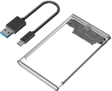 JMT Caja de disco duro SATA portátil de 2.5 pulgadas de plástico con puerto USB-C/Micro-B para SSD SATA de 2.5 pulgadas (transparente, con cable USB-C a USB 3.0)
