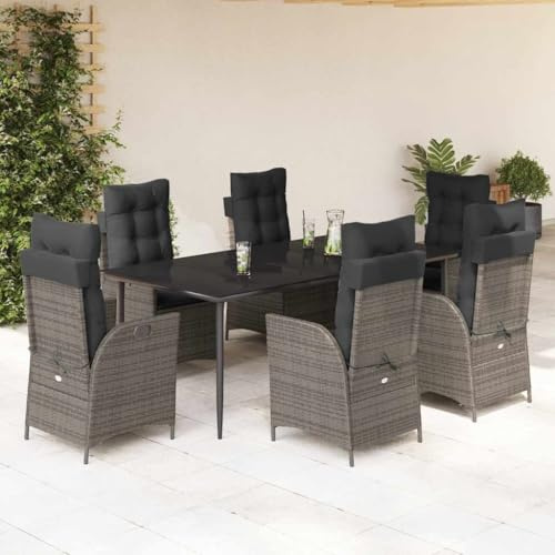 QJBSAVVA 7tlg. Garten-Essgruppe Poly Rattan 200x100x74 cm mit Verstellbarer Rückenlehne und dunkelgrauen Kissen Robuste Gartengarnitur für Balkon Terrasse und kleine Gärten