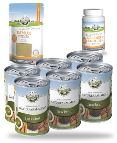 Bellfor Senior-Hundefutter Set: Nassfutter für ältere Hunde mit Insektenprotein - Naturfarm-Menü + Bellfor Immun Pulver + Gelenke-&-Knochen Kapseln