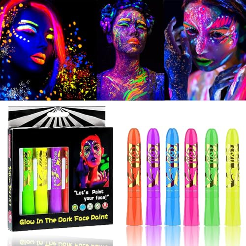 Pintura De Cara De Neón Brillante Uv, 6 Ceras Lavable No Tóxico Neon Pintura Facial Y Corporal Luminosas Para Pintura Facial Fluorescente De Color De La Cara Para Mardi Gras, Fiesta De Disfraces