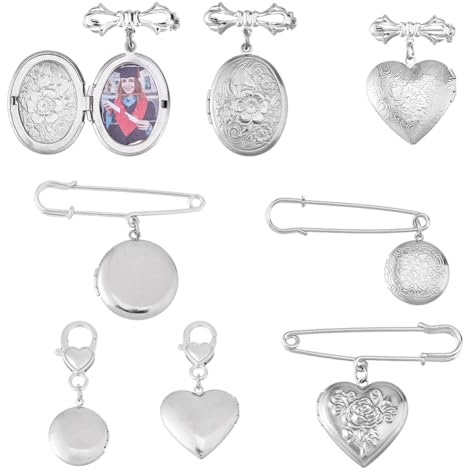 SUPERFINDINGS 7Pcs Wedding Bouquet Photo Charm Set 35x29mm Stainless Steel Heart Picture Pendant with Glass Cabochon Dual Clasp Memorial Brooch Pin for Bridal Party Groom Lapel