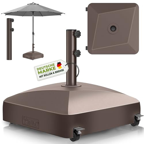 tillvex® Base de sombrilla GRAVIA con Ruedas y Frenos | Soporte de lastre rellenable 37L / 56kg | Pie para Parasol y sombrilla de Mercado Ø 1,8-3,7m | Resistente a la Intemperie y UV (Marrón)