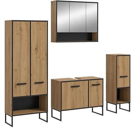 xonox.home – Badkombination Bagno 199x192x36 cm in Artisan Oak Nachbildung – 4-teiliges Set mit Unterschrank, Spiegelschrank, Stand- & breitem Hochschrank – geräumig & stilvoll gestaltet