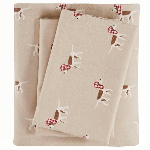 WOOLRICH Baumwoll-Bettwäsche-Set, Cottage-Charms-Druck, 100% Baumwoll-Flanell-Bettwäsche-Set, warm und flauschig, für Doppelbett, Spannbetttuch für bis zu 30,5 cm Matratze, Twin Tan Dog, 3-teilig