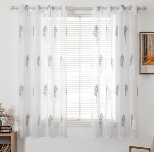 MIULEE Kurz Vorhänge Transparent mit Grau und Weiss Blätter Muster, Modern Stickerei Gardinen Ösen Für Kleines Fenster Kurzgardine, 2er Set Schöne Blätter Muster Vorhang Fenster H 145 x B 140