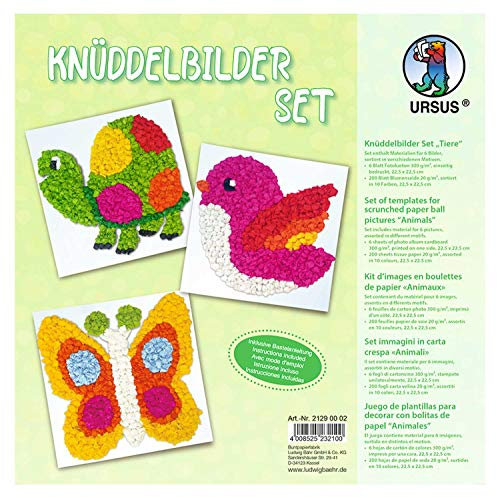 Ursus 21290002 - Knüddelbilder Set, Tiere, ca. 22,5 x 22,5 cm, 300 g/qm, 6 Bilder in verschiedene Motive, einseitig bedruckt, inklusive Bastelanleitung, für Jungen und Mädchen