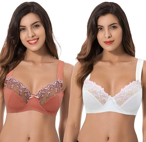 Curve Muse Reggiseno con Ferretto Minimizer da Donna Taglie Forti con Ricamo in Pizzo-Confezione da 2-Marrone,Latte Burro-7D