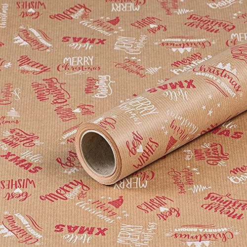 Natürlich verpacken Weihnachtspapier Merry X-Mas, Geschenkpapier, Kraftpapier, gerippt - 1 Rolle 0,7 x 10 m