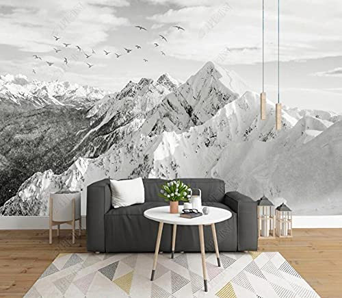 Fototapete 3d Effekt Tapeten Schwarz-Weiß-Landschaft Mit Fliegenden Vögeln In Schneebedeckten Bergen Tapete Wandtapete Wand Dekoration Schlafzimmer Wohnzimmer Wandbilder Wallpaper Wanddeko 200x140cm