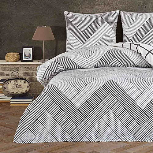 Style Heim Biber Bettwäsche 200x220 cm Flauschige Winterbettwäsche 3 Teilig 100% Baumwolle mit Reißverschluss Bettwäsche-Set Kissenbezüge 80x80cm, Wendebettwäsche Zick Zack Muster, Weiß Grau