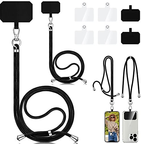 Aulese 2 Stück Handykette Universal, Unisex Einstellbares Handyband zum Umhängen, Handyschnur Schlüsselband mit 6 Pad Kompatibel mit Alle Smartphone, Handyhülle Kette Lanyard (Schwarz+Schwarz)
