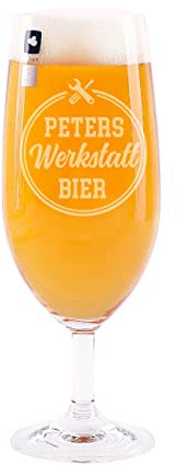 Herz & Heim® Bier Geschenkset mit schickem Werkzeug Motiv & 2 Zeilen Wunschtext / 0.5l Leikeim Flasche, gravierte Pilstulpe und Wurstsnack Bierglas - einzeln