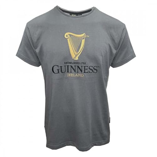 Guinness Premium T-Shirt Irland Gestickte Irische Goldharfe Farbe Grau/Zinn Bestickt