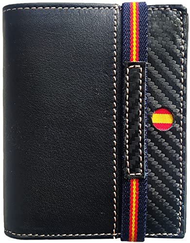 Hispapiel Cartera Hombre pequeña con Bandera de España. Billetera de Piel Negra Caballero, Tarjetero Monedero de Cuero auténtico. Made in Spain (Vertical)