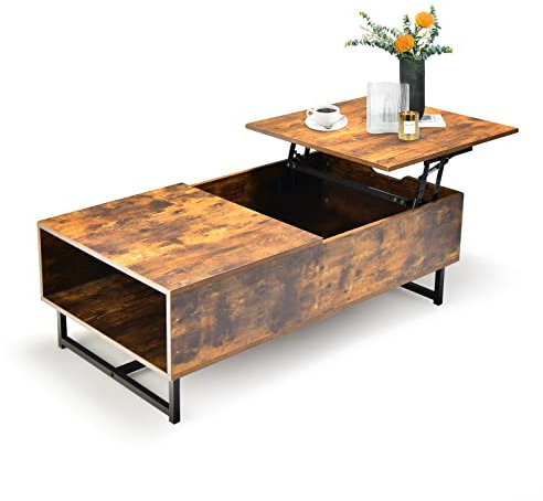 GIANTEX Couchtisch mit höhenverstellbarer Platte Beistelltisch Kaffeetisch Sofatisch Aufbewahrungskorb Wohnzimmertisch mit Gasdruckfeder Teetisch 110x60x38 cm für Wohnzimmer (Rustikales Braun)