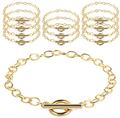 Prasacco 12 Pcs Bracelet Chains for Jewelry Making, Chain Bracelet for Women, Link Chain Bracelets with OT Toggle Clasp, Charm Bracelets for Jewelry Making (Gold)