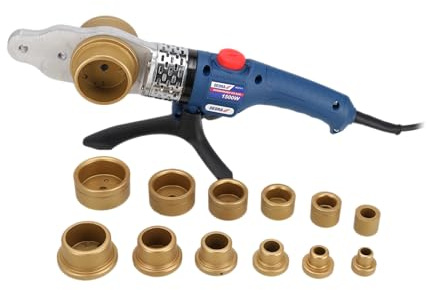 DEDRA Muffenschweißgerät für Kunststoffrohre und Formstücke stark 1500W, Metallkoffer, Bereich Ø16–63 mm, bis zu 300°C, mit 7-teiligem Zubehör und LED zur Anzeige der gewünschten Temperatur