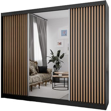 Margaret Hadas24 Kleiderschrank Lili mit Lamellen mit Spiegel Organizer, Mehrzweckschrank, Schwebetürenschrank, Garderobenschrank, Kleiderstange, Kleiderständer, Schrank 250 cm, schwarz, braun
