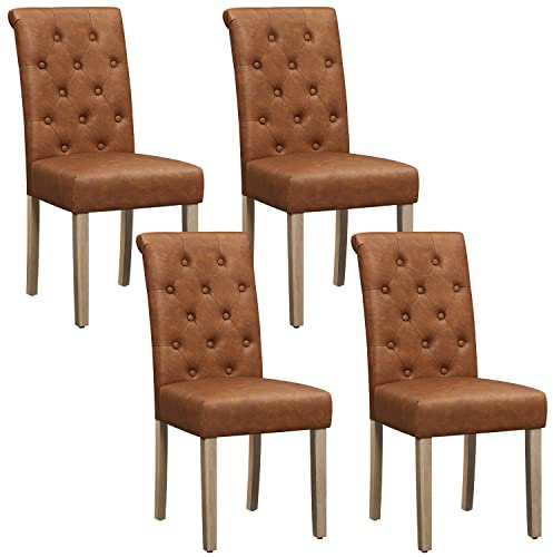 Yaheetech Lot de 4 chaises de Salle à Manger avec Dossier Haut Pieds en Bois Massif Assise rembourrée pour Maison Bureau Cuisine Bar Réunion Hôtel Brun Vintage