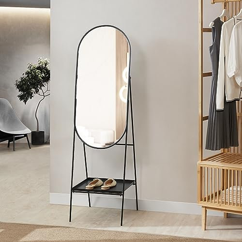 [en.casa] Miroir de Grande Taille sur Pied avec Étagère Psyché Inclinable Miroir de Pleine Longueur avec Espace de Rangement pour Entrée Salon Chambre Dressing Métal 160 x 46 x 50 cm Noir