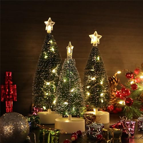 DRERIO 3 Pcs Small Christmas Tree 20 cm high Tabletop Christmas Tree with Lights Mini Artificial Xmas Tree with LED Artificial Pines Slim Christmas Tree Plastic Desktop Ornament with Base for Decor