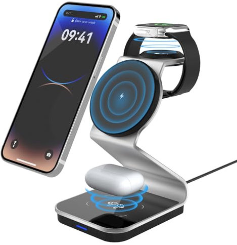 MECUBVR Magsafe Ladegerät,Ladestation Apple Watch und iPhone,3 in 1 Wireless Charger,Induktive Ladestation Kabelloses Ladegerät für iPhone 15/14/13/12/pro max Series Apple Watch 9 8 7 AirPods 3/2/Pro