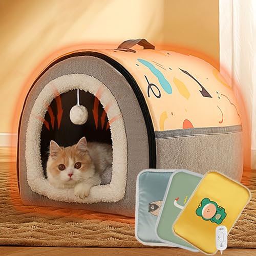 Casa para Gatos Casas Portátiles para Mascotas con Calefacción, Cueva para Gatos con Calefacción Eléctrica y un Juguete de Peluche Colgante Adjunto, Refugio Térmico Semicerrado para Gatitos Lujo ( Siz