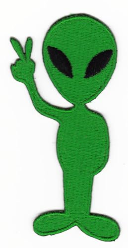 Alien Grün Victory Zeichen Aufnäher zum aufbügeln oder aufnähen Bügelbild Aufbügler für Kleidung gestickter Bügelpatch Applikation Grünes Männchen Peace Patch Größe 4,0 x 8,4 cm
