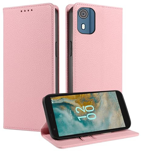 FERLAN Coque pour Nokia C02,Etui Fente pour Cartes [RFID Blocage] Housse Cuir Véritable Support Portefeuille Protection Coque avec Nokia C02 - Or Rose