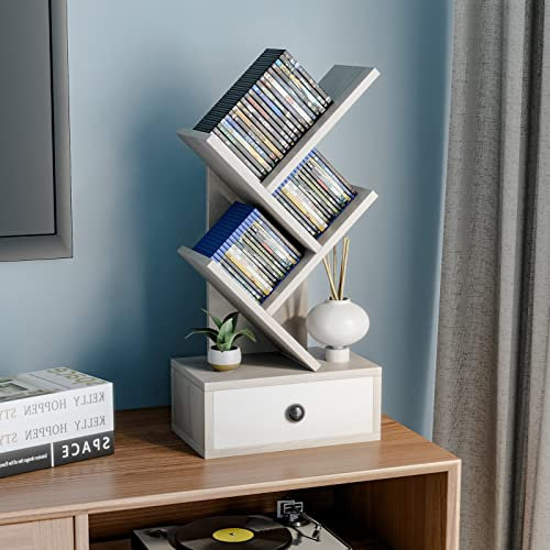 GIANTEX Bücherregal 5 Ebenen mit Schublade, Baum Bücherregal auf dem Tisch, CD DVD Regal klein, Standregal in Baumform, Aktenregal Aufbewahrungregal Holz, freistehendes Holzregal 30x17,5x60 cm (Beige)