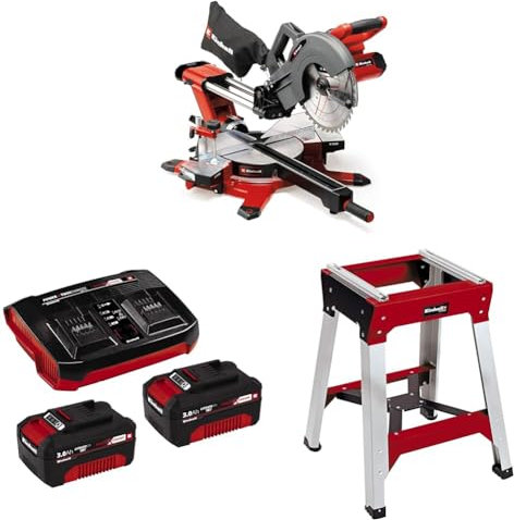 Einhell Akku-Zug-Kapp-Gehrungssäge TE-SM 36/10 L Li Power X-Change (36 V, 254 mm Sägeblatt, 3800 min^-1, Schnittlinien-Laser, inkl. 2x3,0 Ah Akku & Twincharger, inkl. Untergestell)