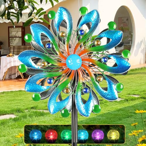 MLKNK Molinillos de viento para patio y jardín – Esculturas y molinillos de viento, 75 pulgadas, azul marino, arte cinético con luz de bola de vidrio multicolor alimentada por energía solar
