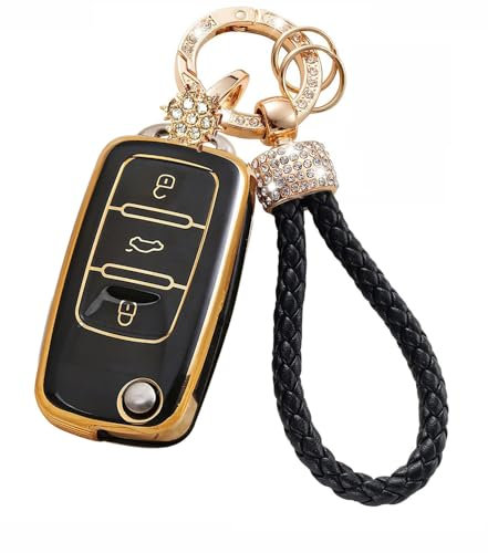 RXXR Autoschlüssel Hülle Kompatibel für VW Touran Golf 4 5 6 Jeta MK4 Bora Polo Weiches TPU Auto Schlüsselanhänger Shell Cover Protector mit Schlüsselanhänger (Schlüsseletui Gold Schwarz)
