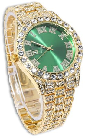 Genkigold Diamantuhr für Herren – 40mm Römische Ziffern Rundes Zifferblatt in 3 Farben – 18K Echtgold/Platin Plattiert 22cm Armband – Japanisches Quarzwerk – Luxusschmuck –Kombinierbar mit Cuban-Kette