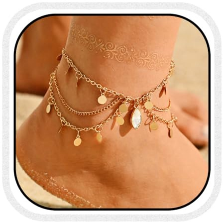Zoestar Boho Bracelet de cheville en cristal superposé avec paillettes dorées et chaînes de pied de plage pour femme